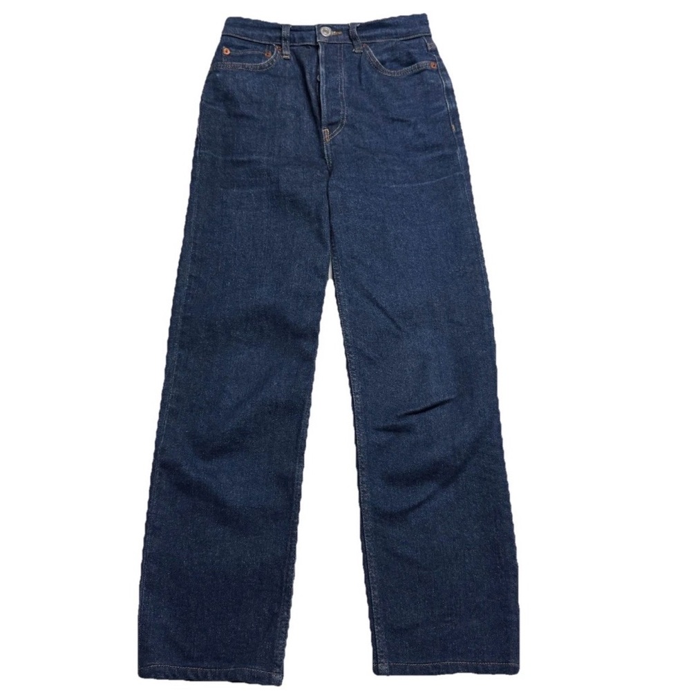 $250 RE/DONE 70s Ultra High Rise Stovepipe Straight Jeans In Rigid Like Blue 25